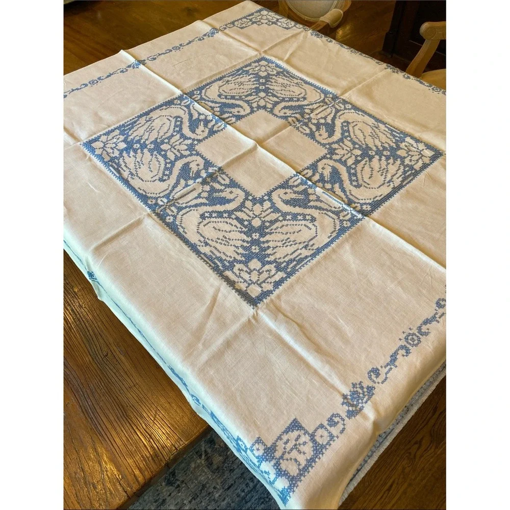 Hand-Embroidered Blue White Assisi-style Cross-stitch‎ Swan Tablecloth 48x50
